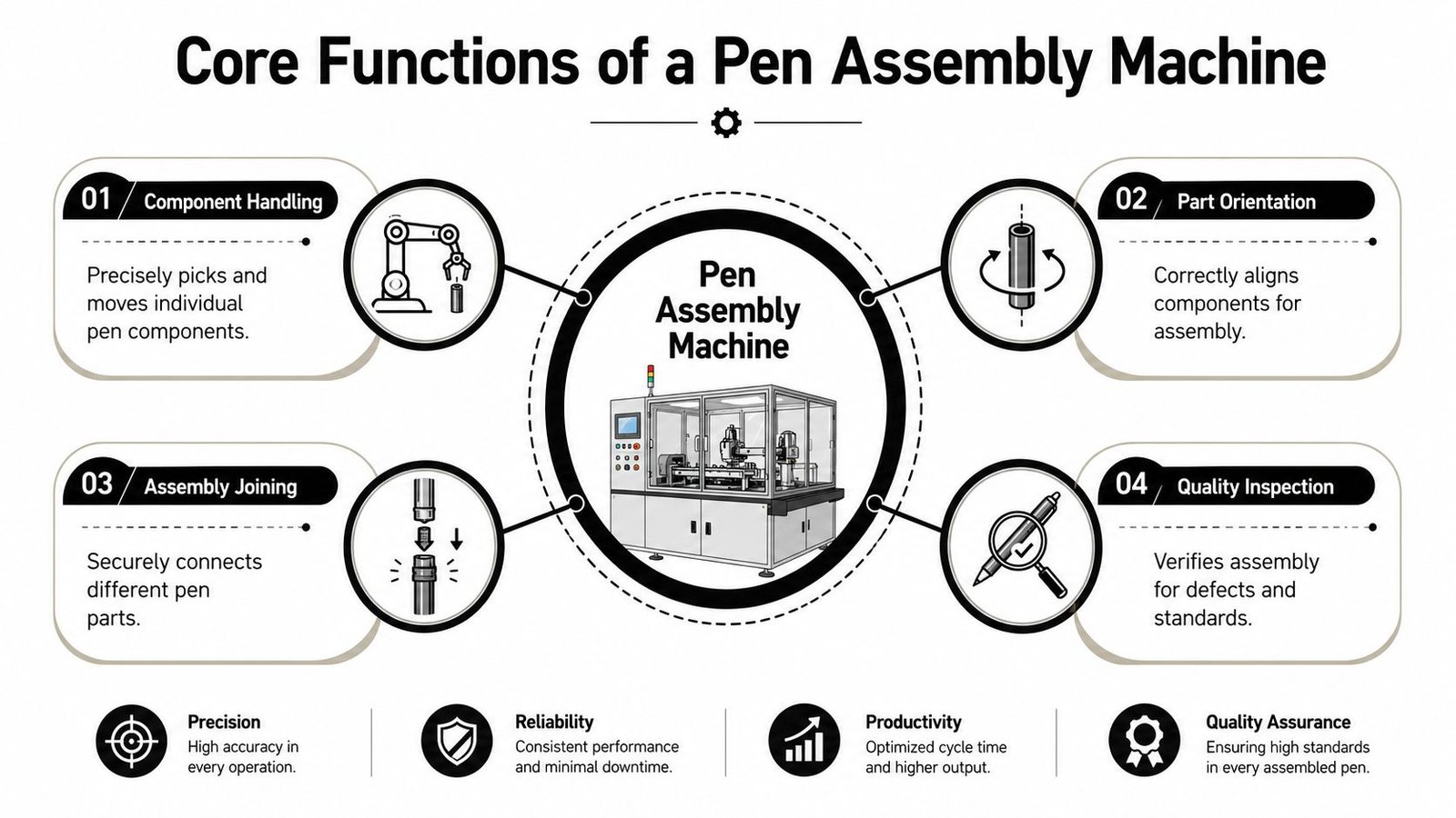 A diagram illustrating the four core functions and key performance benefits of an automated pen assembly machine.