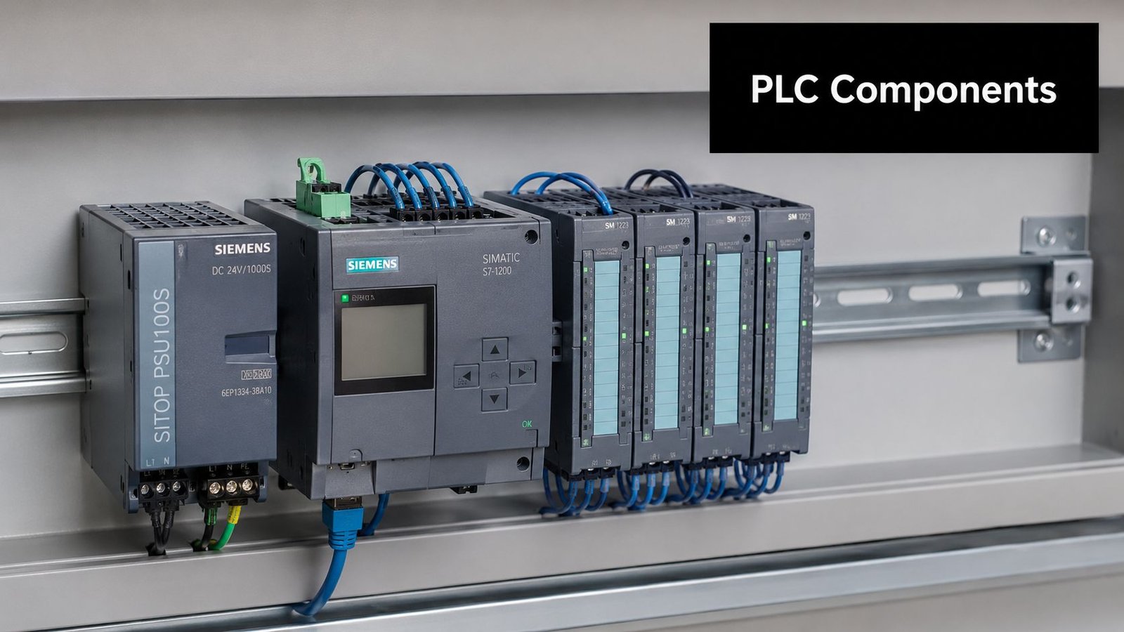 A Siemens SIMATIC S7-1200 PLC controller and power supply unit mounted on a metal DIN rail.