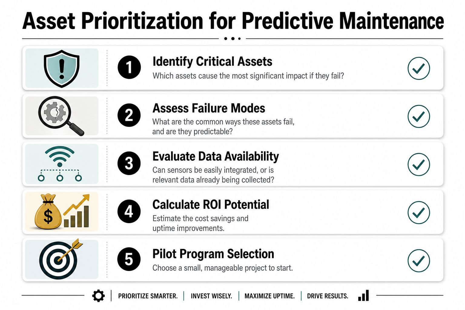 A 5-step infographic showing the process of asset prioritization for implementing a predictive maintenance strategy.