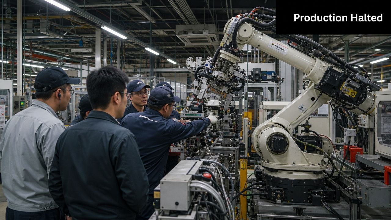 A team of factory engineers performing predictive maintenance on an industrial robotic arm in a manufacturing facility.