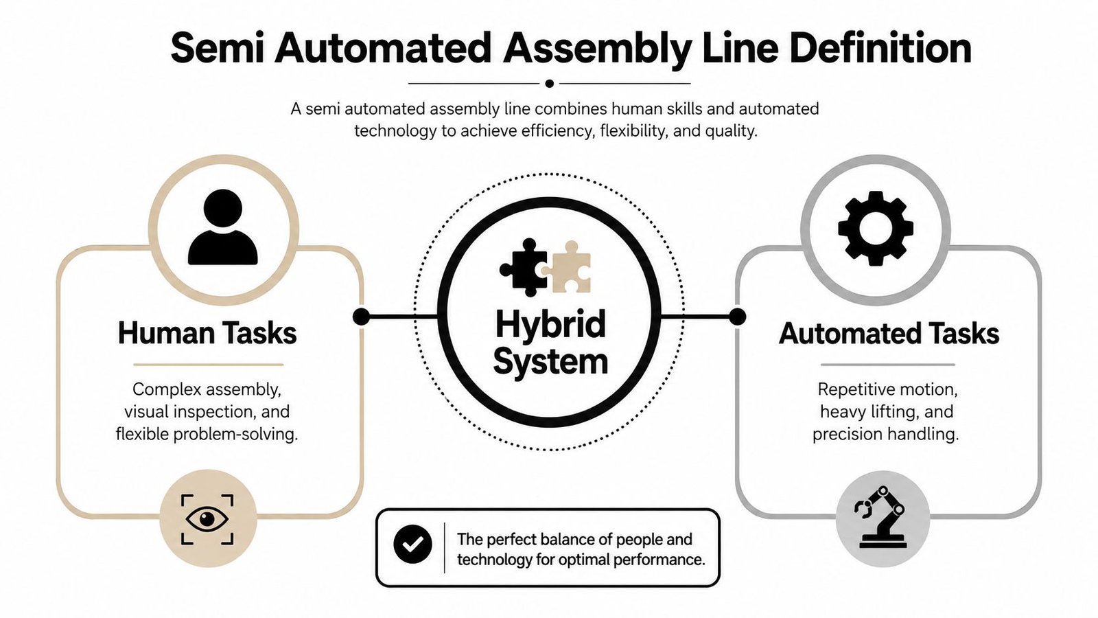 A diagram illustrating a semi automated assembly line featuring a balance between human and automated tasks.