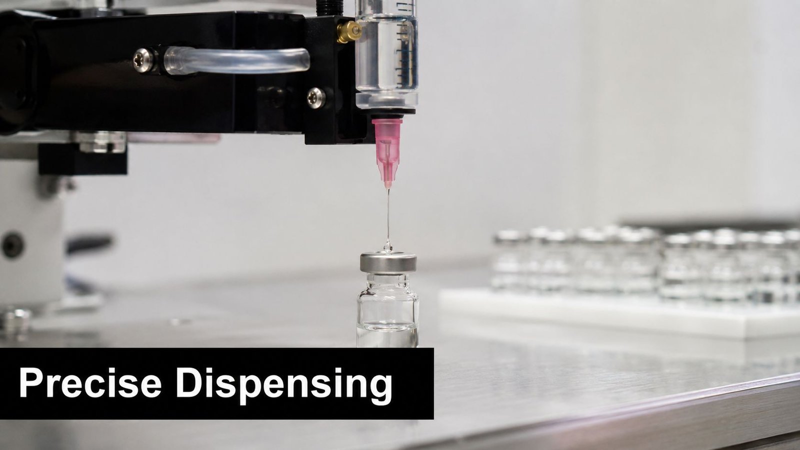A close-up view of an automated machine precisely dispensing liquid into a small glass pharmaceutical vial.