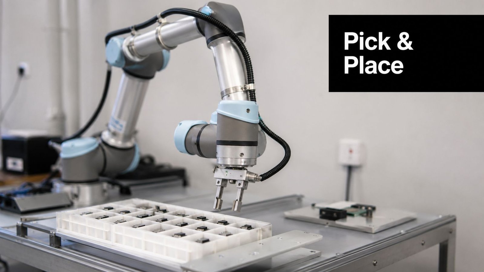 A robotic arm with a gripper tool positioned over a tray of small electronic components in a workspace.