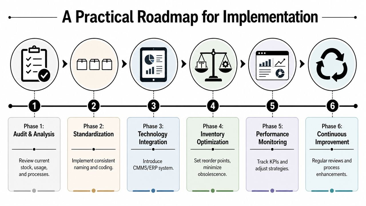 A six-phase roadmap for implementation in spare parts inventory management, detailing auditing, standardization, and continuous process improvement.
