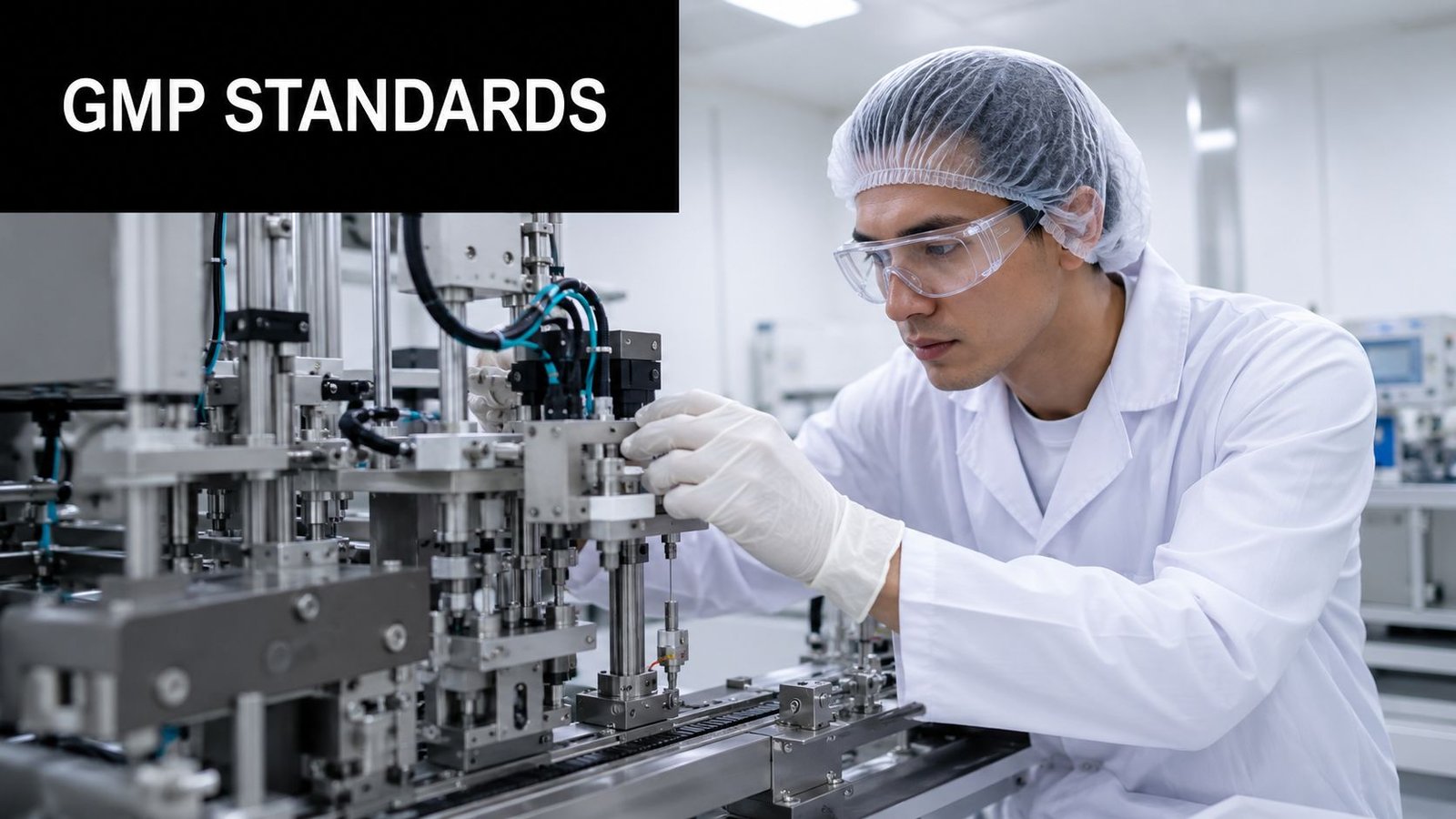 A lab technician wearing protective gear operates industrial pharmaceutical manufacturing equipment in a sterile laboratory environment.