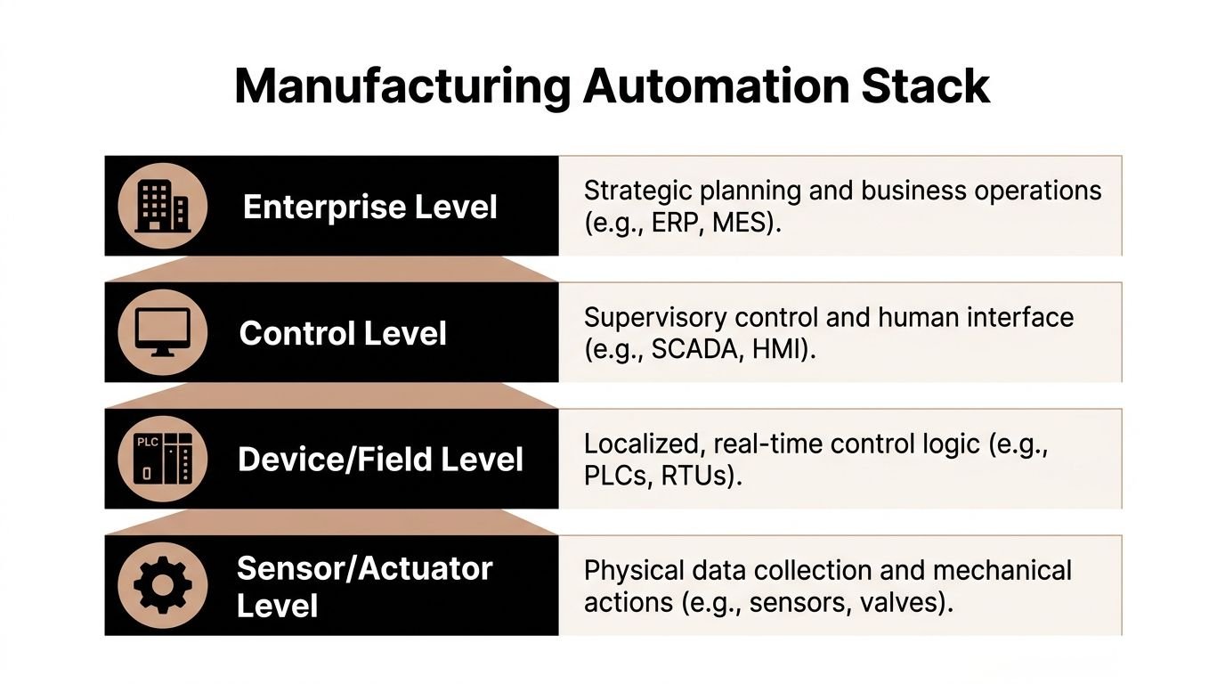 A diagram illustrating the four levels of the manufacturing automation stack, from sensor level to enterprise level.