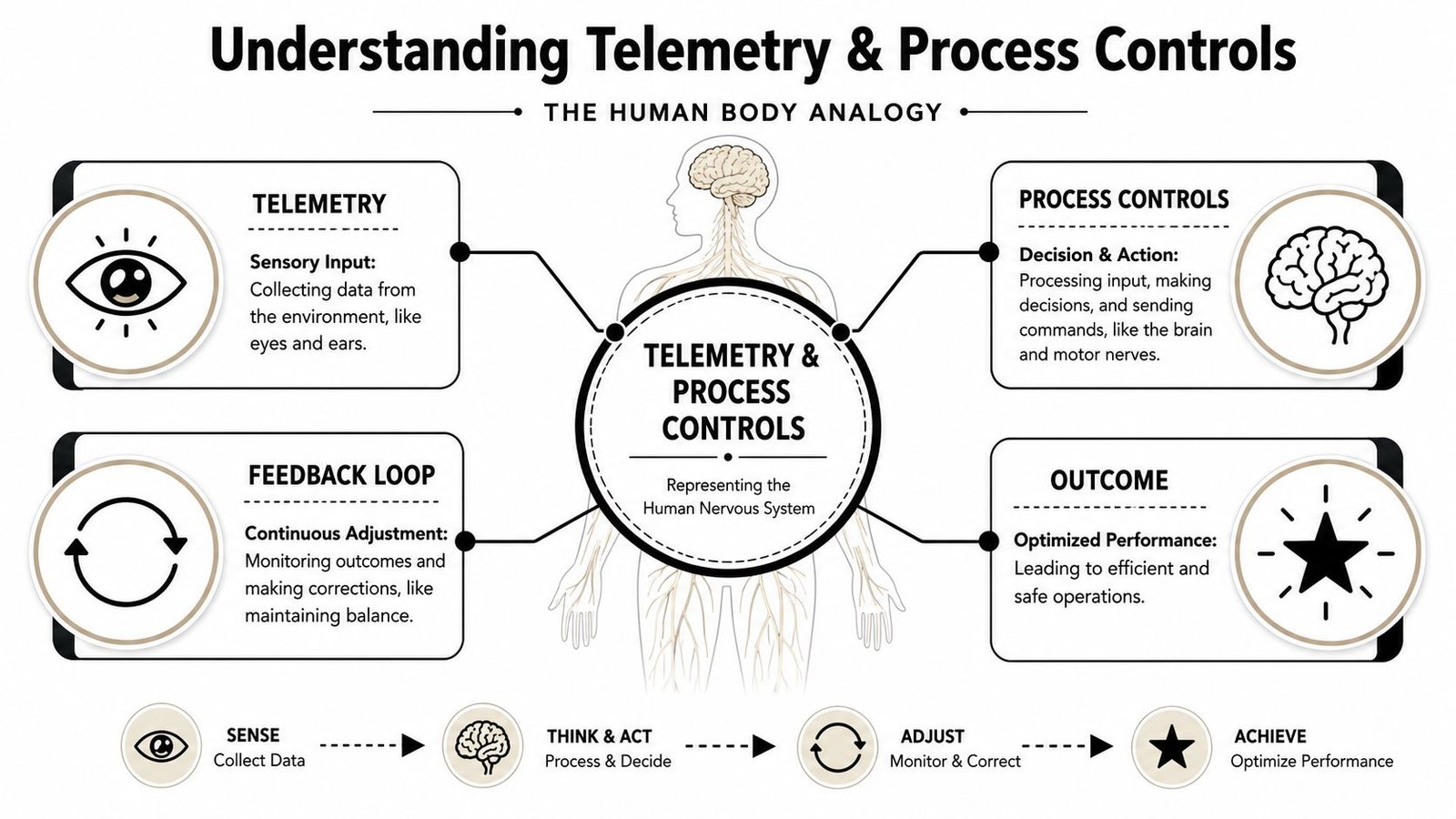 A diagram explaining telemetry and process controls using the human body as an analogy for organizational systems.