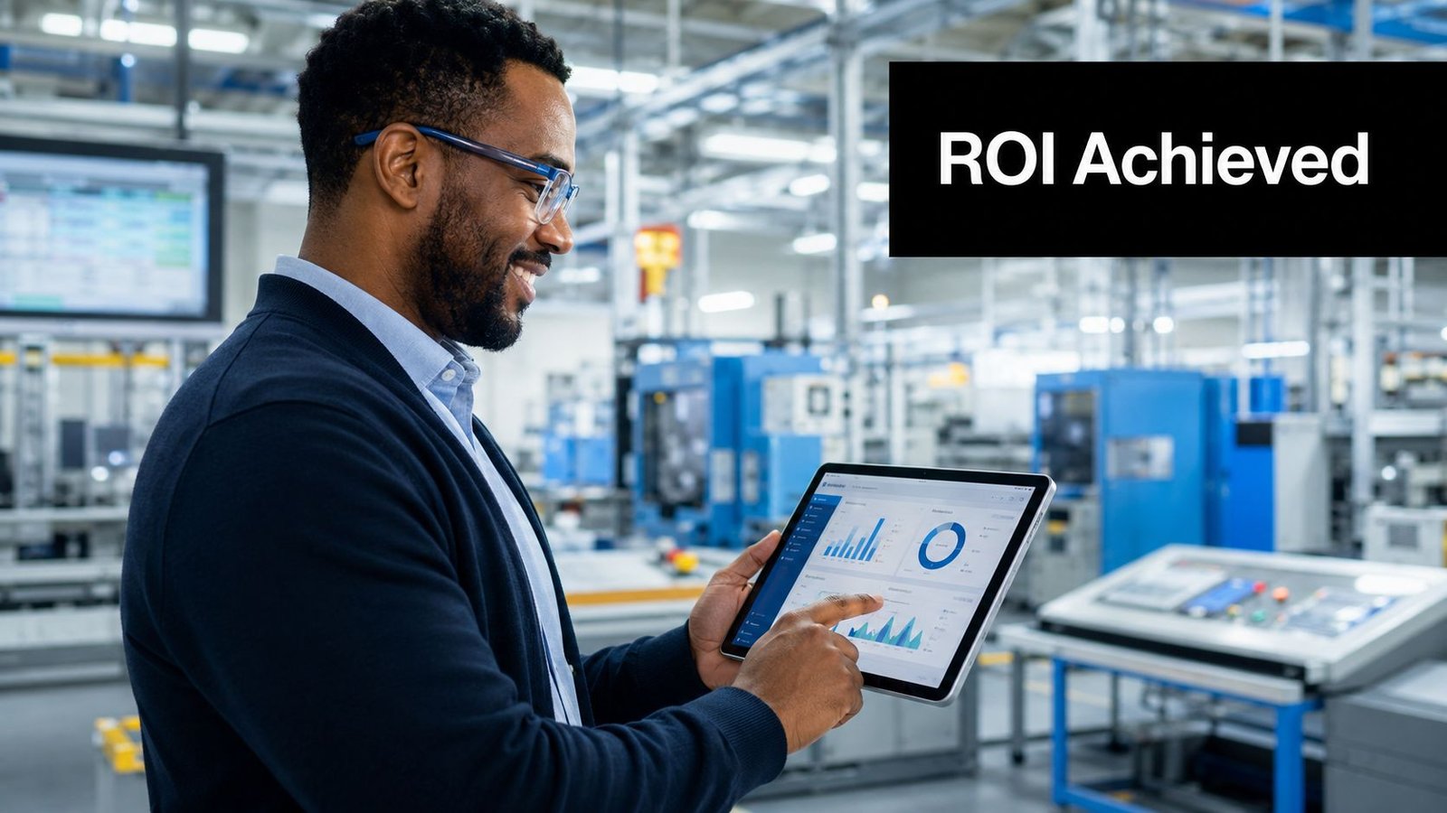 A professional man checking analytics on a tablet inside a modern automated manufacturing factory facility.