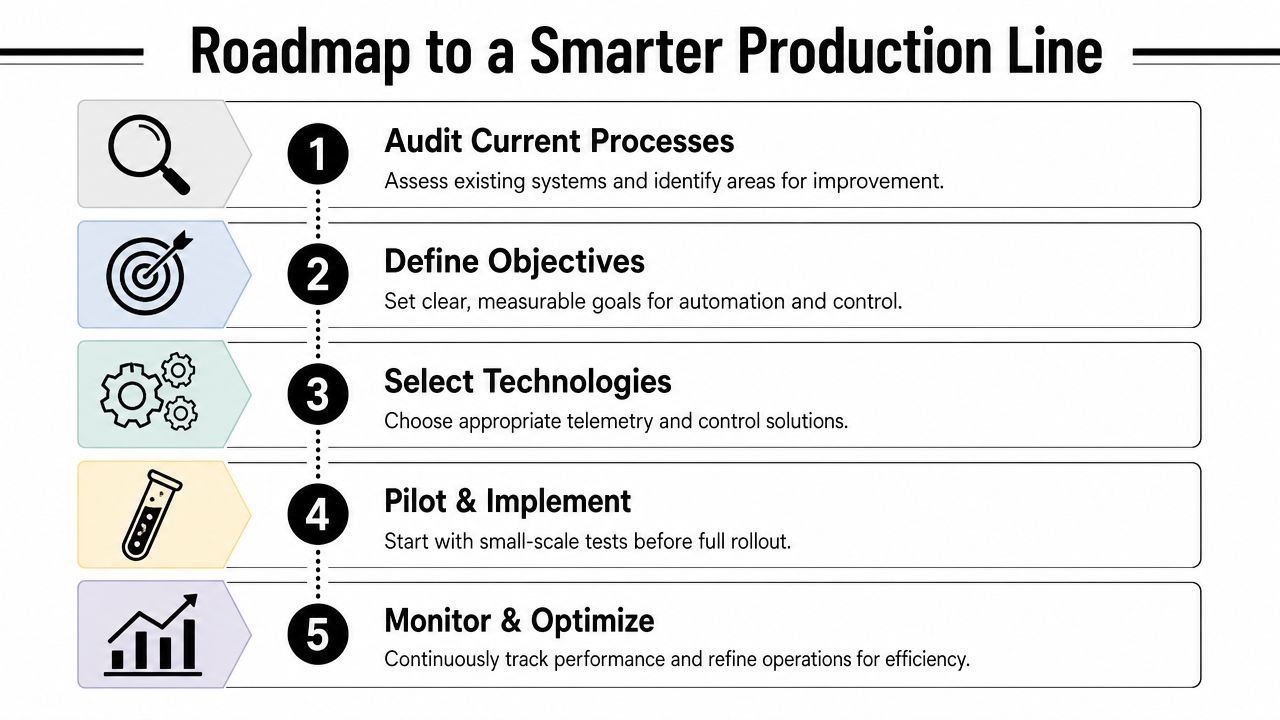 A five-step roadmap infographic for developing a smarter production line through process automation and technological integration.