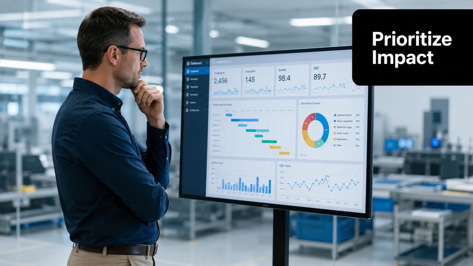 A factory manager analyzes production dashboard metrics and throughput data on a large monitor screen.