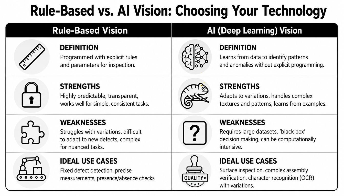 A comparison chart outlining the differences between rule-based vision systems and AI deep learning vision technologies.