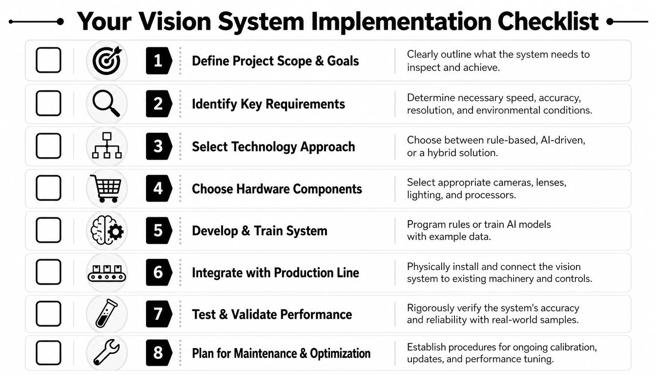 An eight-step checklist for successfully implementing an industrial vision inspection system in a manufacturing setting.