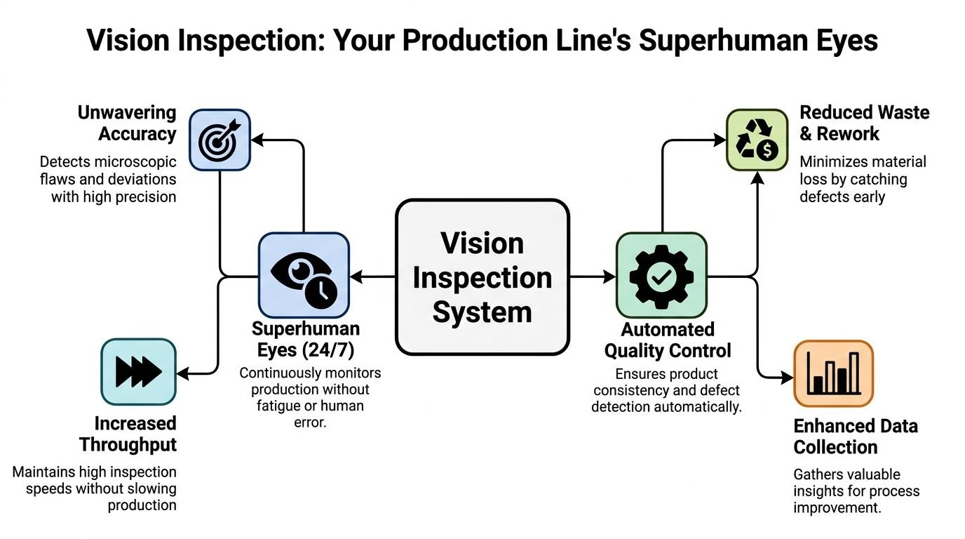 A diagram illustrating the benefits of an automated vision inspection system in industrial production environments.