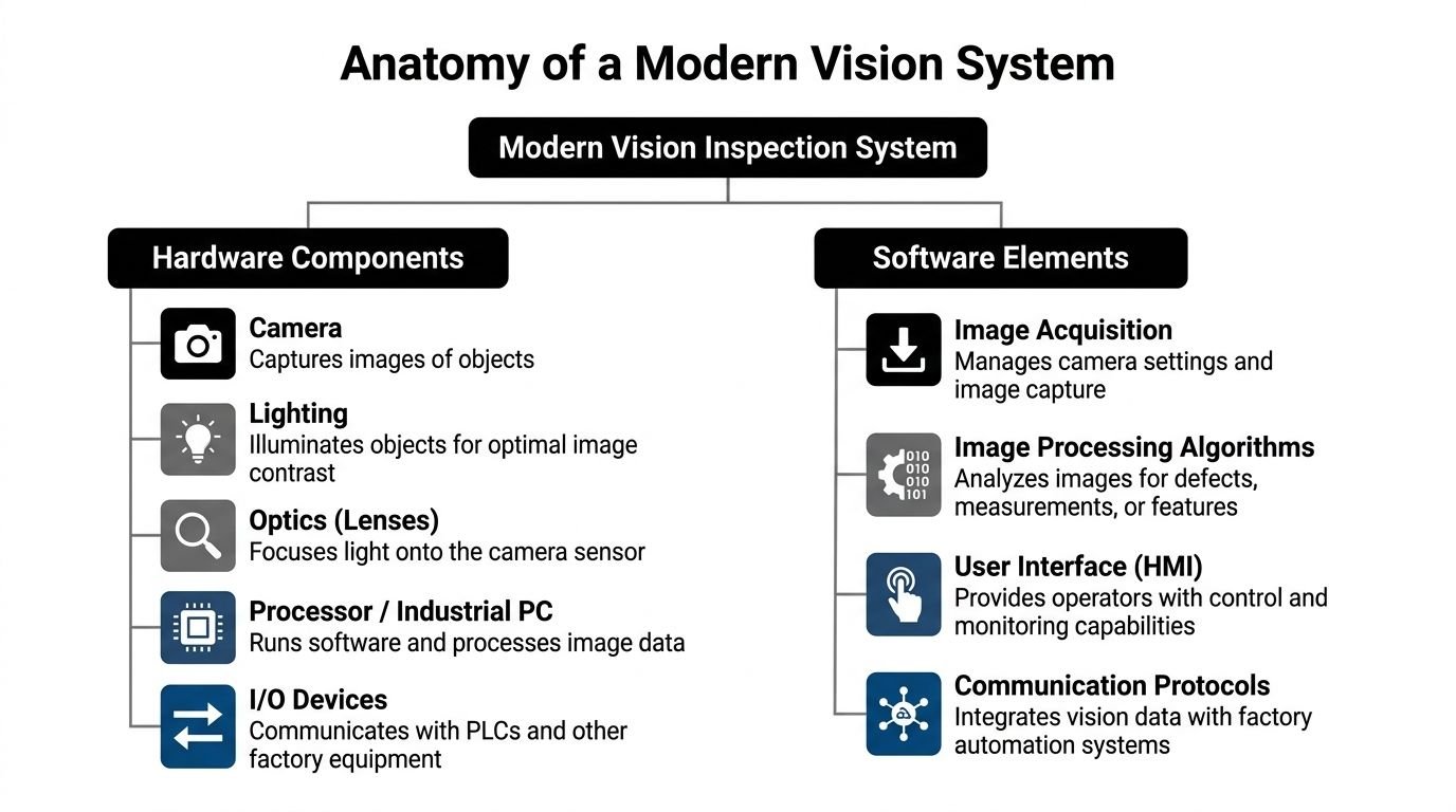 A diagram illustrating the anatomy of a modern vision inspection system divided into hardware and software components.