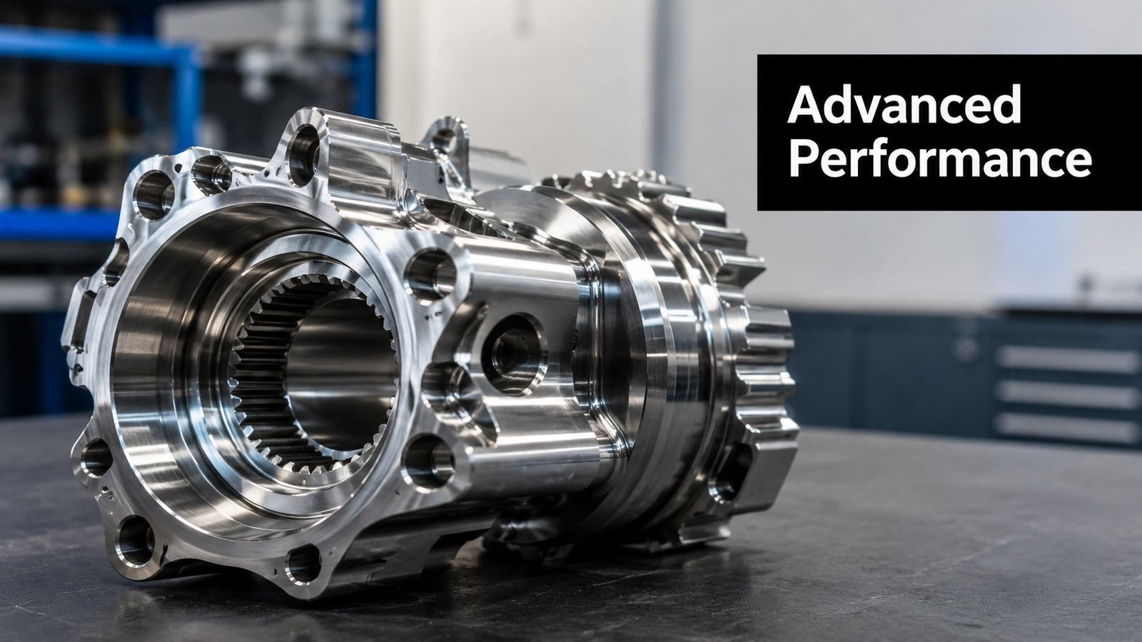 A precision-engineered metallic machine component resting on a workbench, showcasing intricate gears and industrial design.