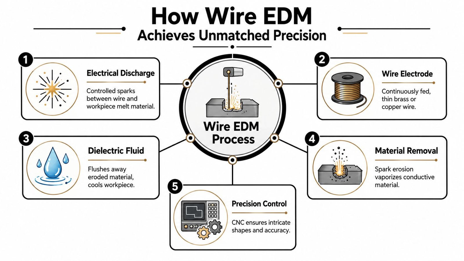 A diagram illustrating the five key components and processes of the Wire EDM manufacturing technology.