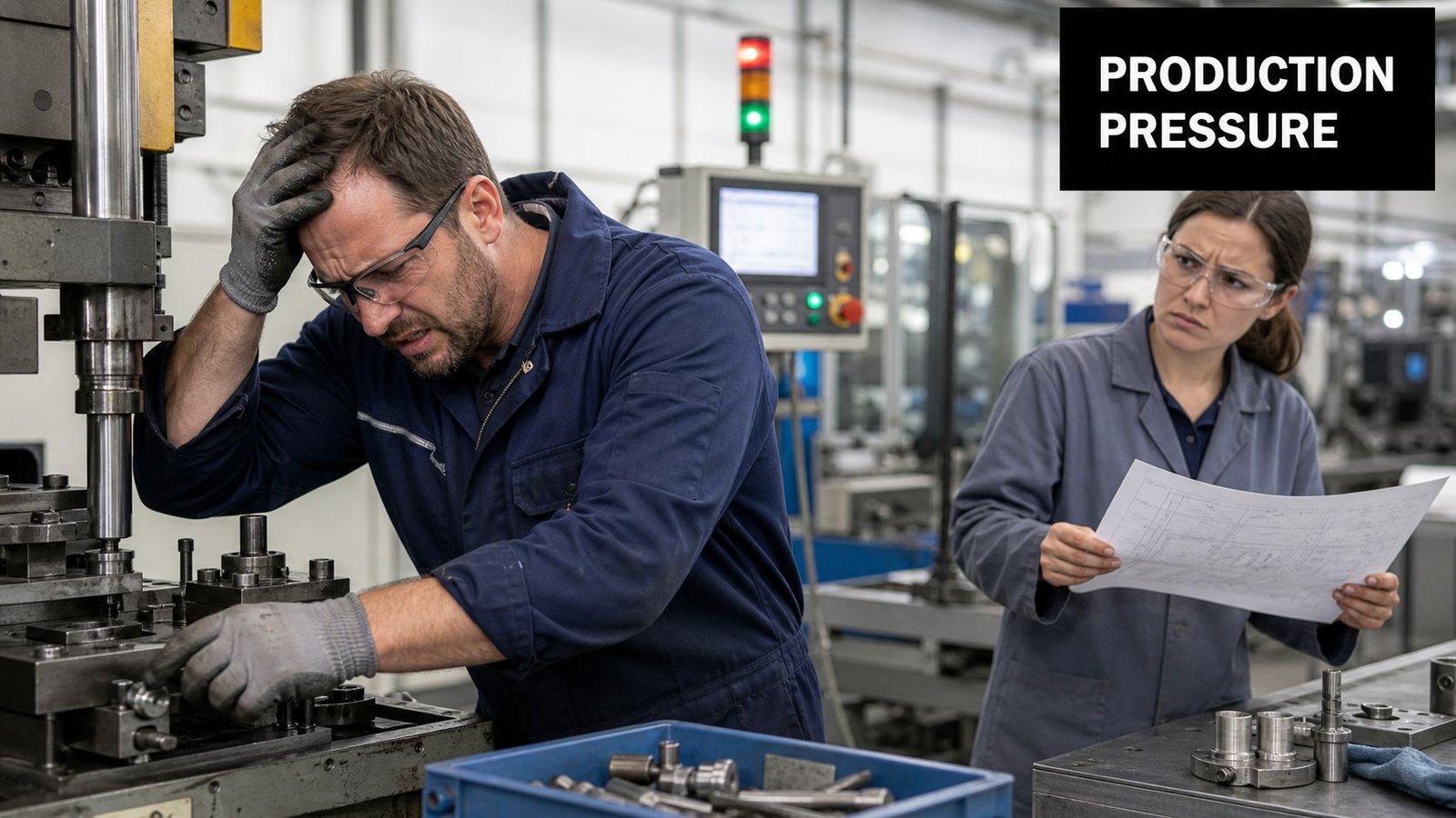 A stressed factory worker operating machinery while a colleague reviews technical blueprints in an industrial setting.