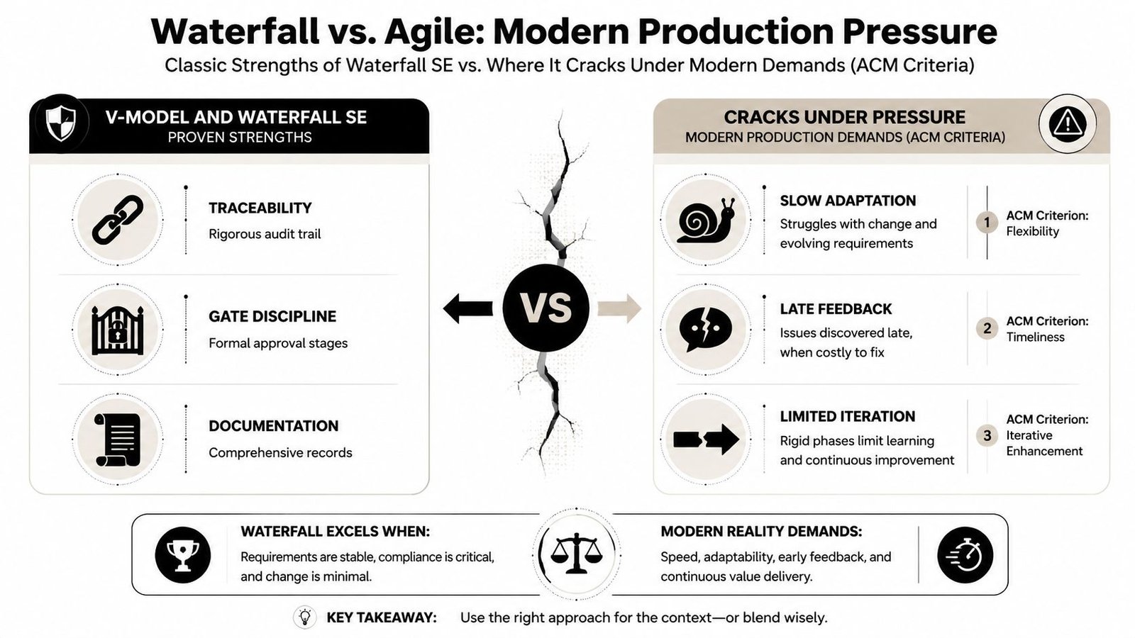 A comparison chart showing the strengths of Waterfall software engineering against its limitations in modern production environments.