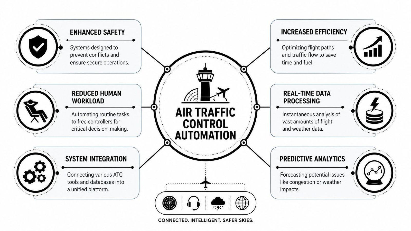 A diagram illustrating the benefits of air traffic control automation, including safety, efficiency, and real-time processing.