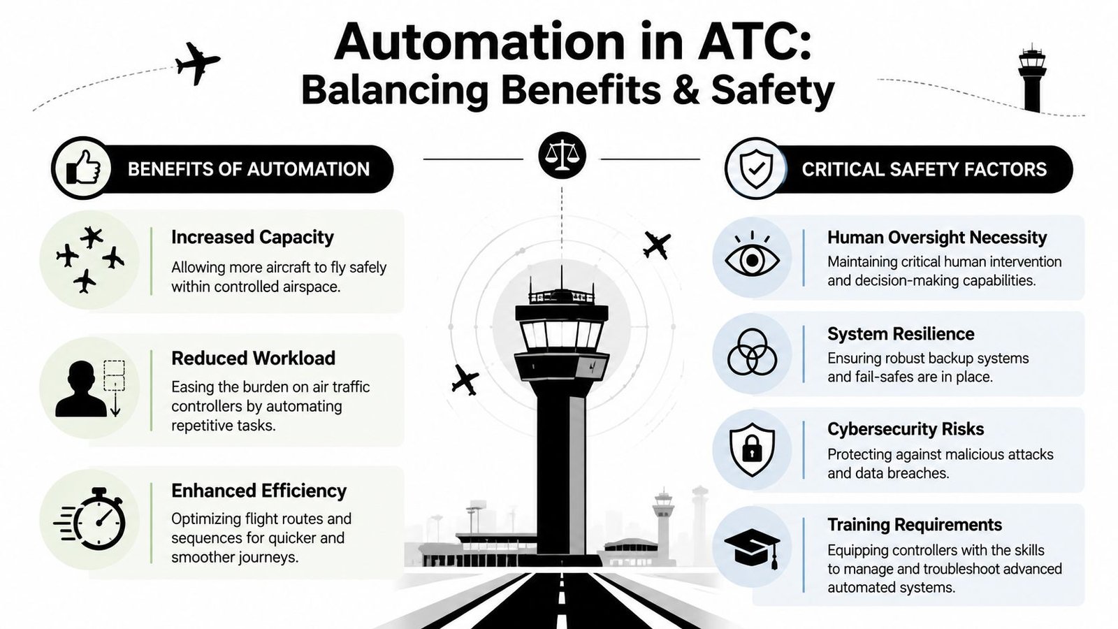 An infographic illustrating the benefits and critical safety factors of automation in air traffic control systems.
