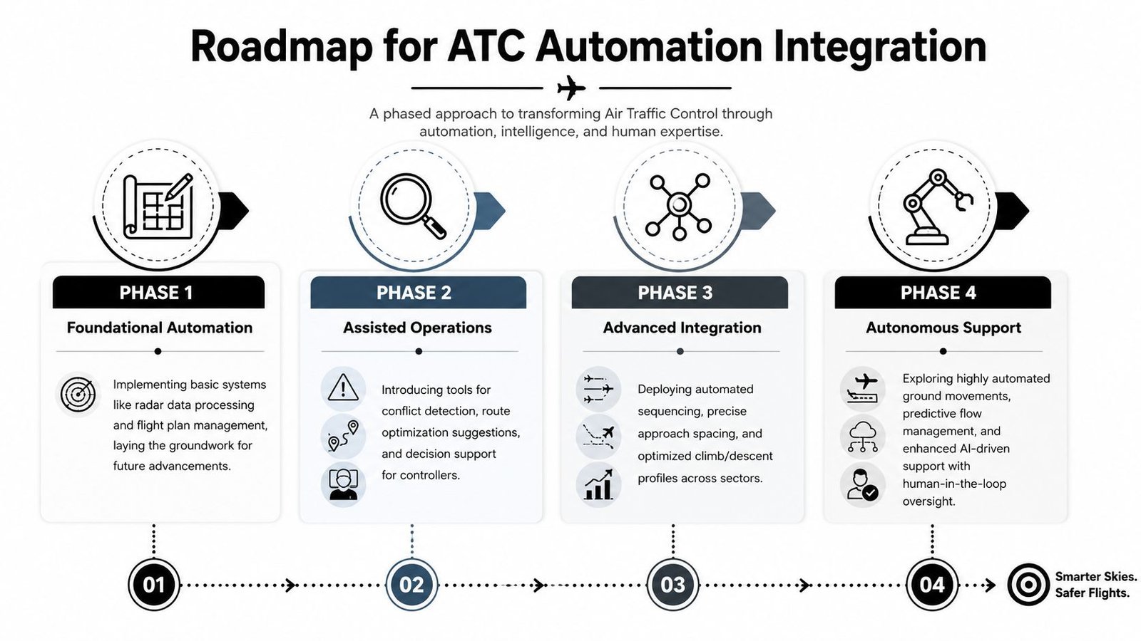 A four-phase roadmap chart detailing the step-by-step integration of automation in air traffic control systems.