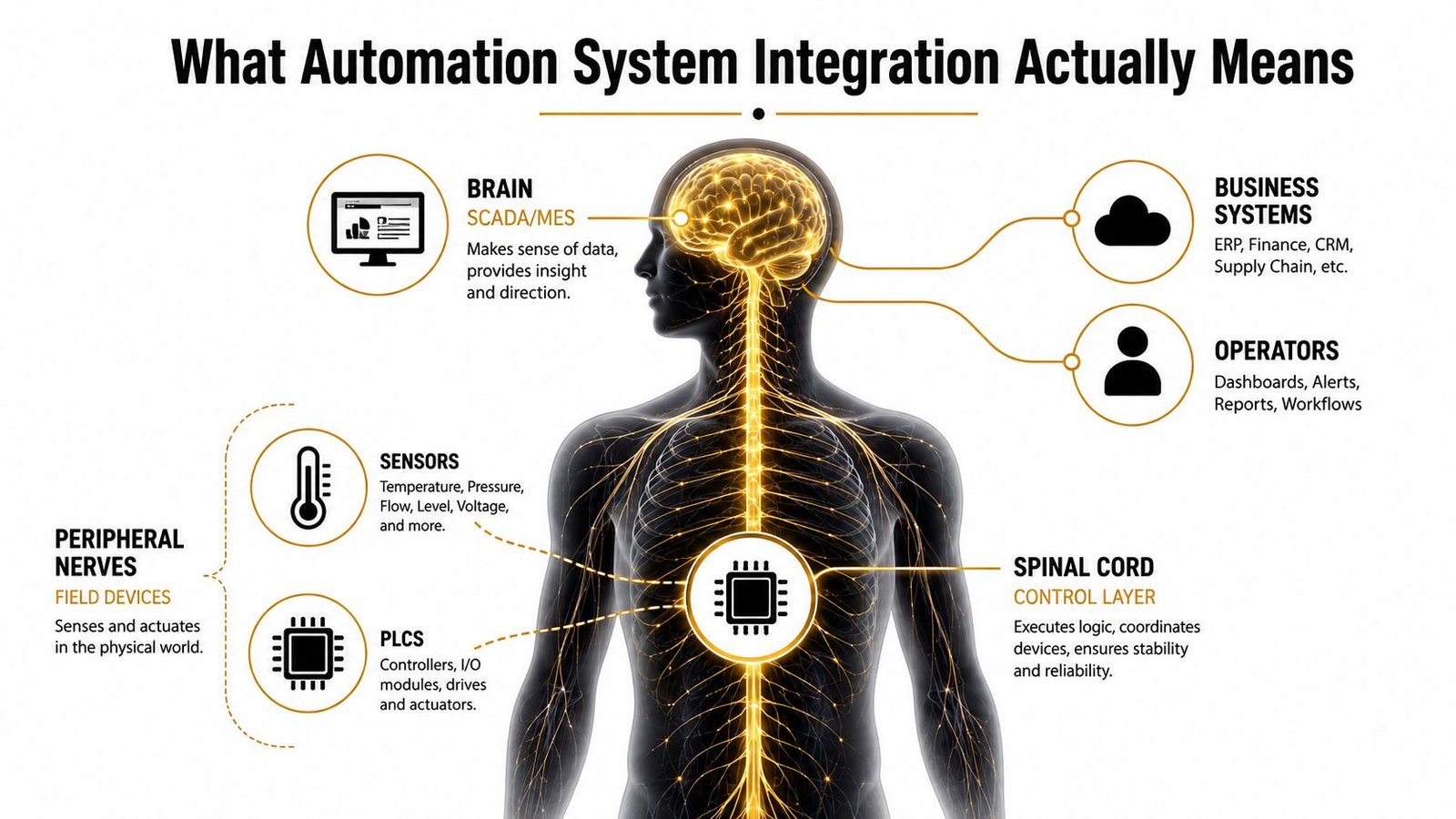 A diagram comparing human biological systems to industrial automation system integration components like sensors, PLCs, and SCADA.