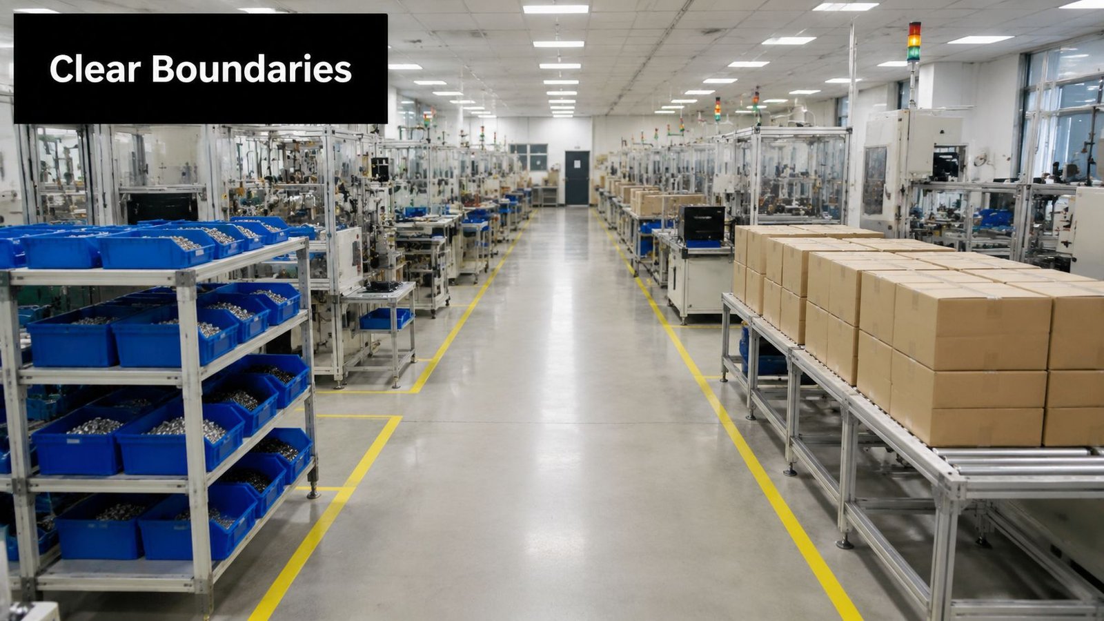A view of a well-organized factory floor with clear yellow lines marking safety and work area boundaries.