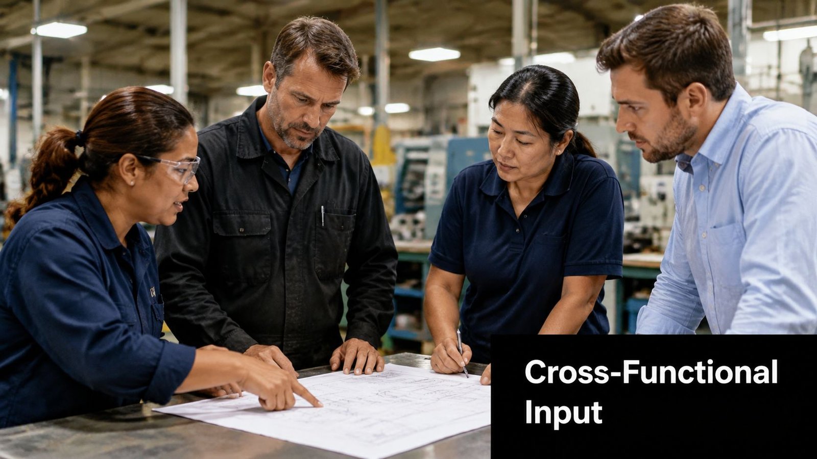 A diverse team of professionals collaborating and reviewing technical blueprints together on a factory floor.