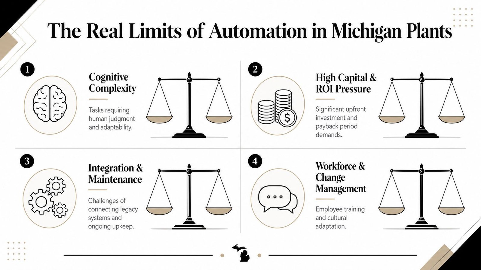 An infographic detailing the four key limits to industrial automation for manufacturing plants in Michigan.