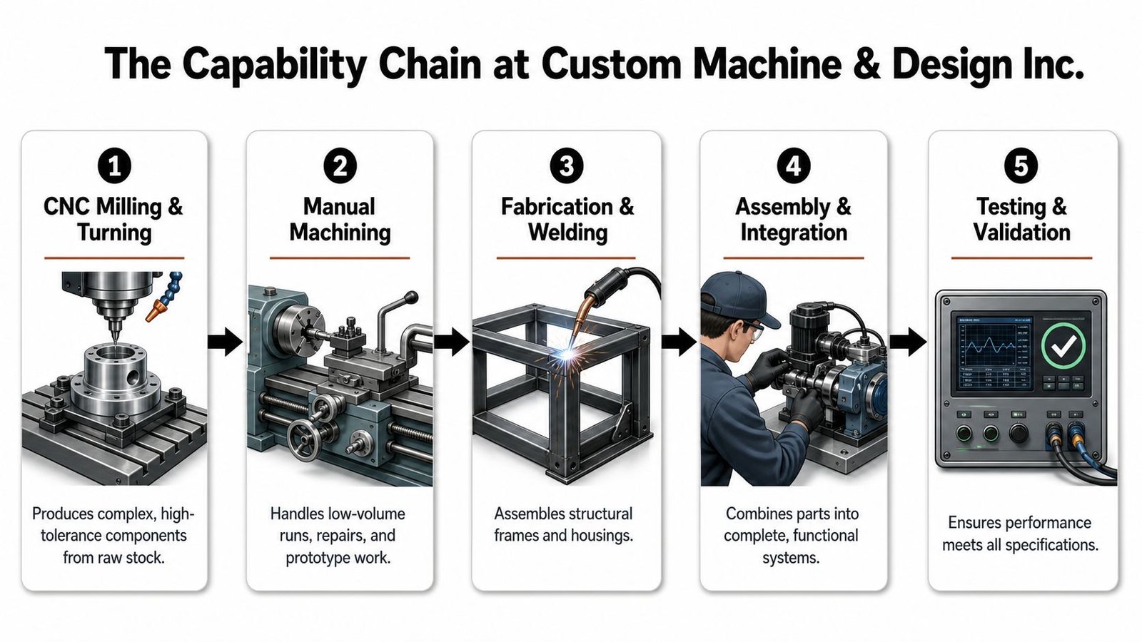 A diagram outlining the five-step capability chain for manufacturing services at Custom Machine & Design Inc.