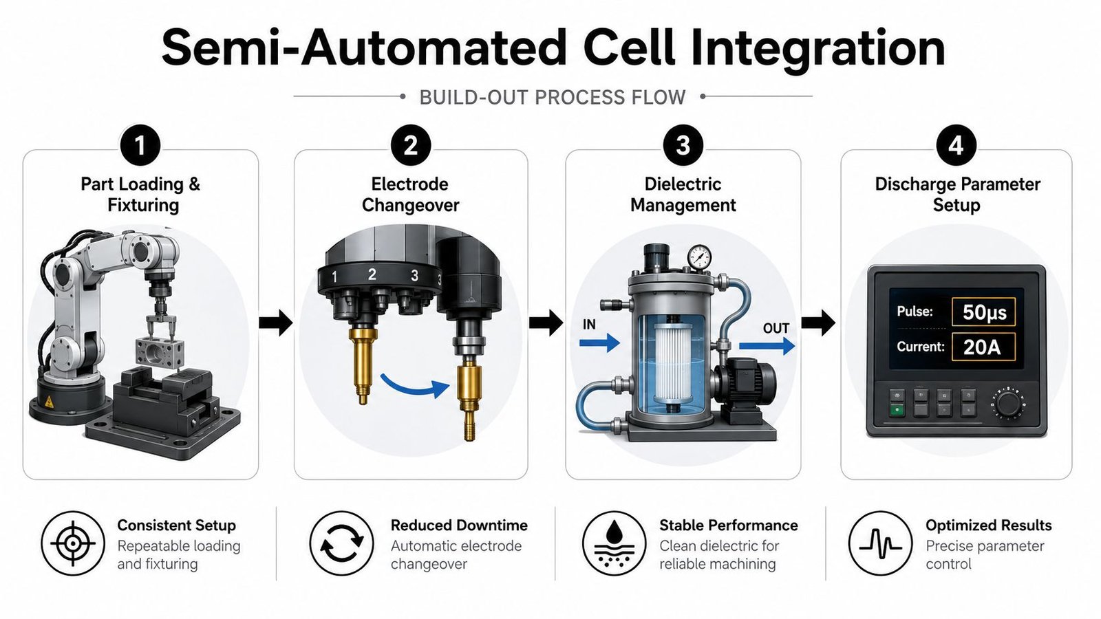 A four-step semi-automated process flow for cell integration including robotic part loading, electrode changeover, dielectric management, and parameter setup.