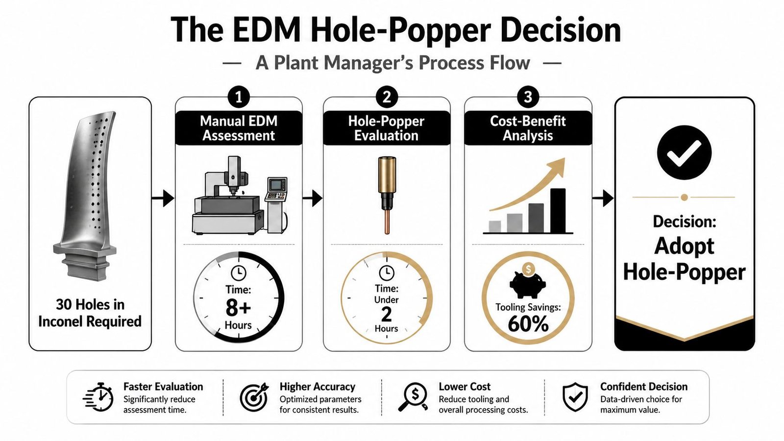 A process flow chart titled The EDM Hole-Popper Decision showing the evaluation of using hole-poppers.