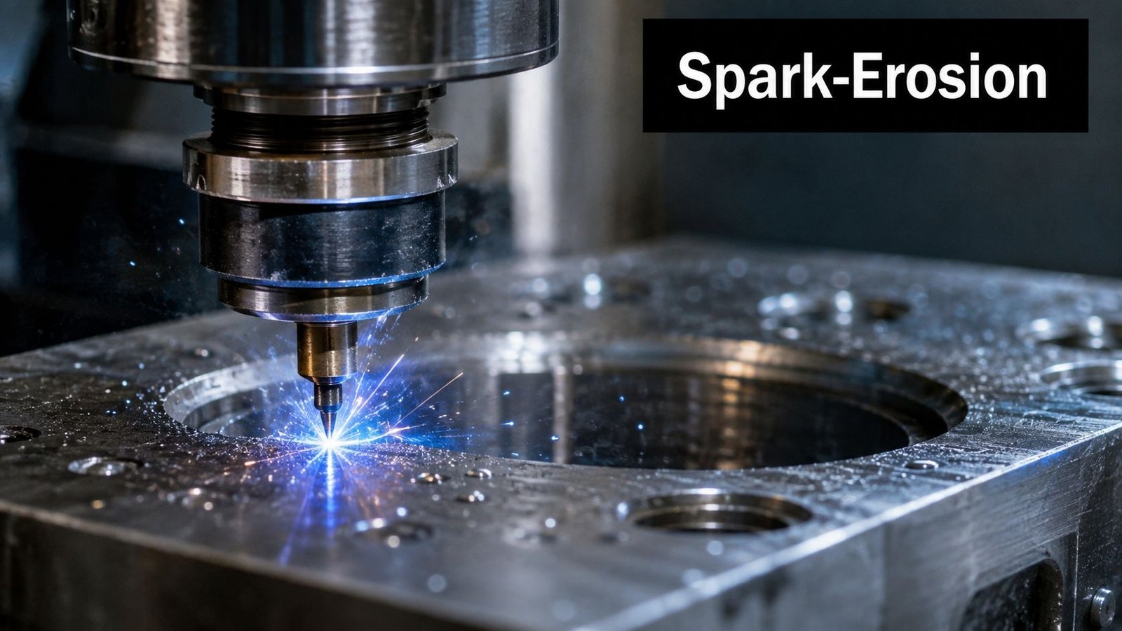 A close up view of a spark erosion machine performing precision electrical discharge machining on a metal part.