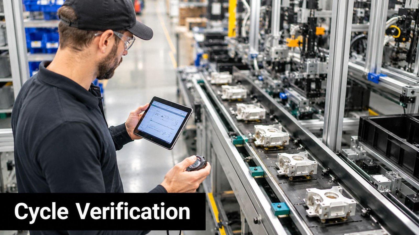 A technician holding a tablet and stopwatch performs cycle verification for industrial equipment on a manufacturing line.