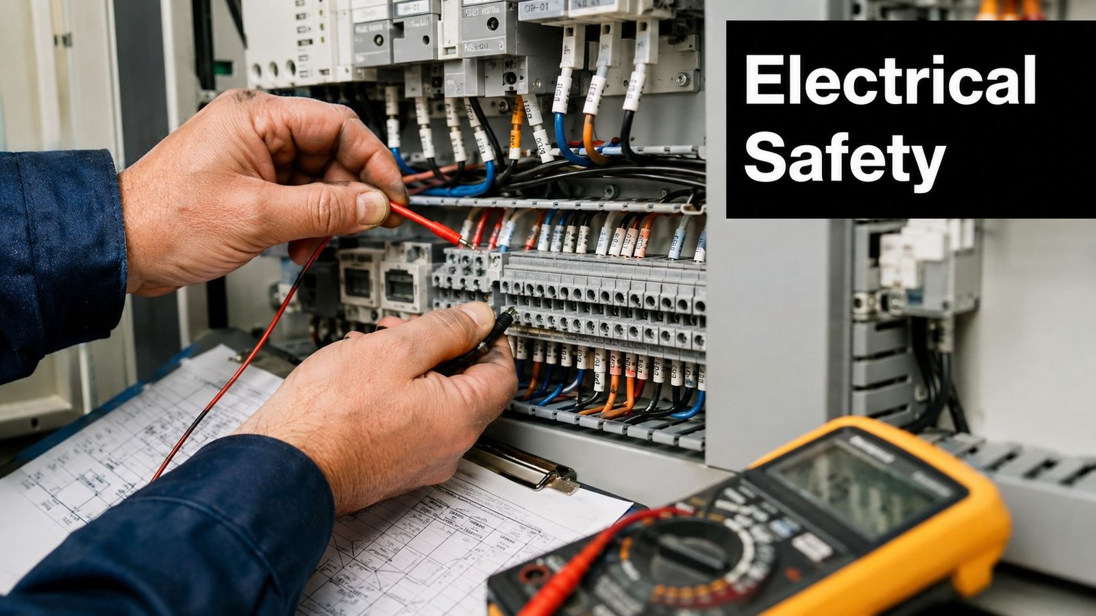 An electrician using a multimeter to test electrical components inside a control panel during equipment maintenance.