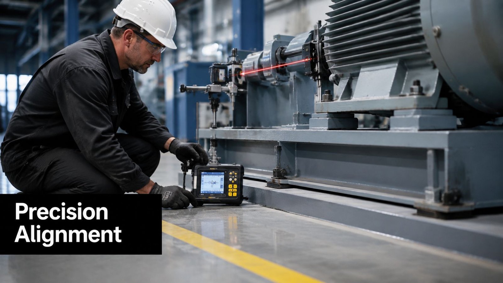 A technic
2. Installation, Mechanical Assembly, and Alignment Verification
A machine can clear incoming inspection and still fall out of spec as soon as it reaches the floor. Site conditions rarely match the drawing set. Concrete varies, anchors shift, and assembly tolerances stack up fast. That is why installation and alignment have to be measured, not assumed.
For custom tooling, conveyors, and pick-and-place systems, the installation sequence often decides whether the asset will hold tolerance or drift over time. A disciplined checklist records bolting, leveling, torque values, assembly order, and guard installation before the system moves into the next phase. In building-style commissioning guidance, contractor checklists must be returned before functional testing starts, which shows how installation verification works as a gate, not paperwork (VA building commissioning manual).
Measure the build, don't eyeball it
Use the right tools for the job.
- Dial indicators and laser alignment tools: Confirm linearity, parallelism, and repeatability on critical moving parts.
- Precision levels: Verify machine base and frame leveling before alignment tuning.
- Torque records: Capture torque on anchor bolts, guards, and structural connections where loosening would affect motion or safety.
- Photo documentation: Record critical assemblies, cable routing, and fixture interfaces for future troubleshooting.
![A technician using a laser alignment tool to calibrate industrial machinery during an equipment commissioning process.