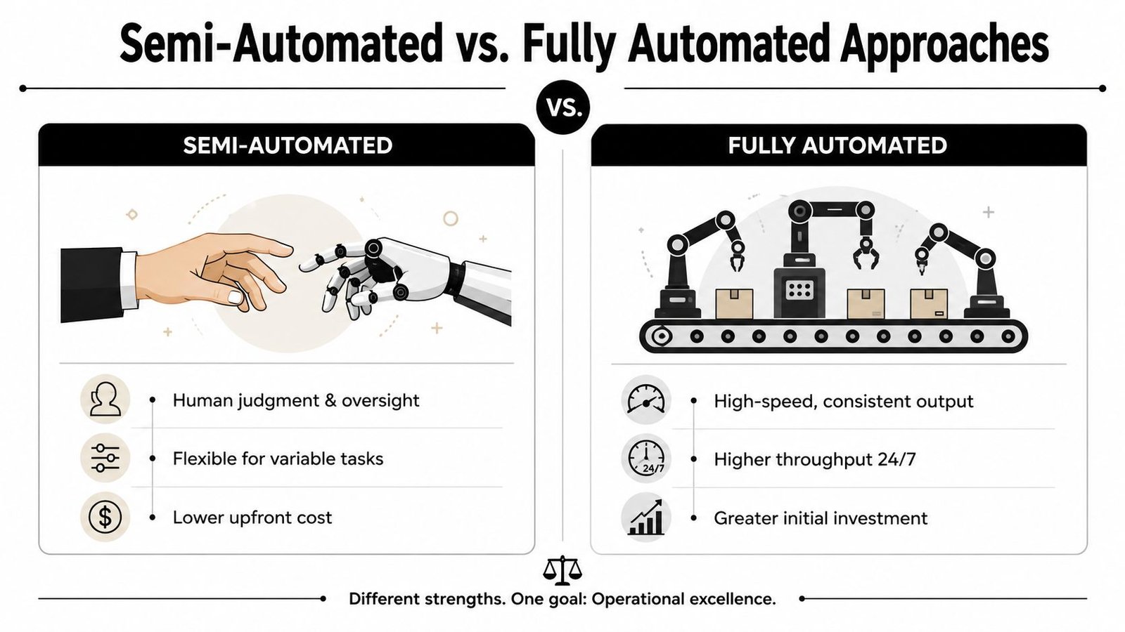 A comparison infographic between semi-automated systems involving human oversight and fully automated industrial robotic production lines.