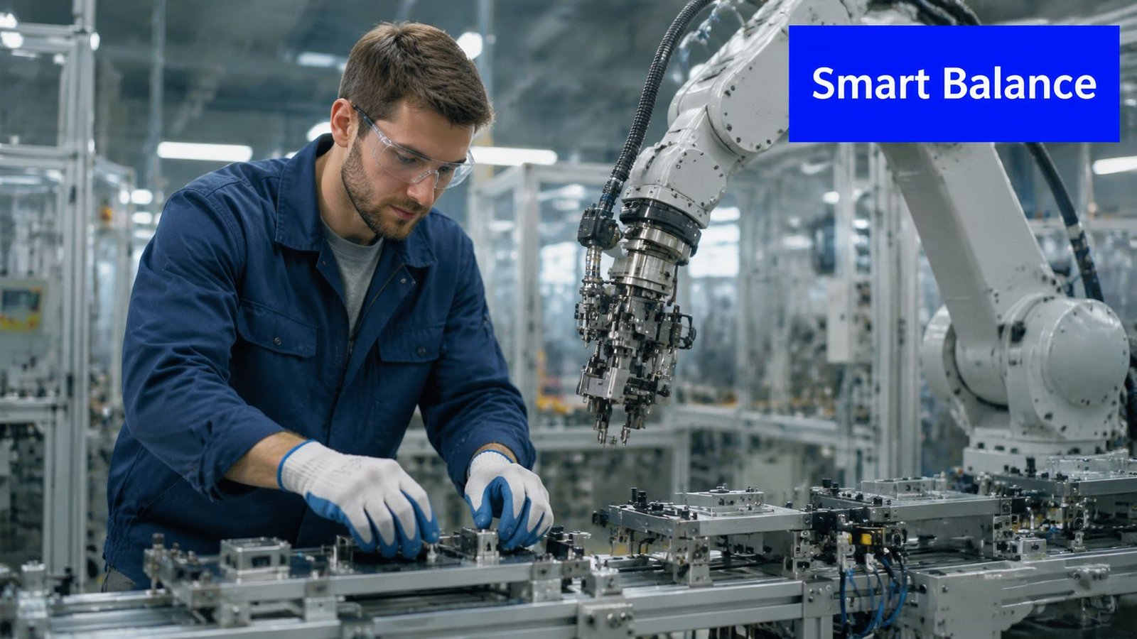 A skilled worker in protective gear monitors a robotic arm during an automated assembly line manufacturing process.