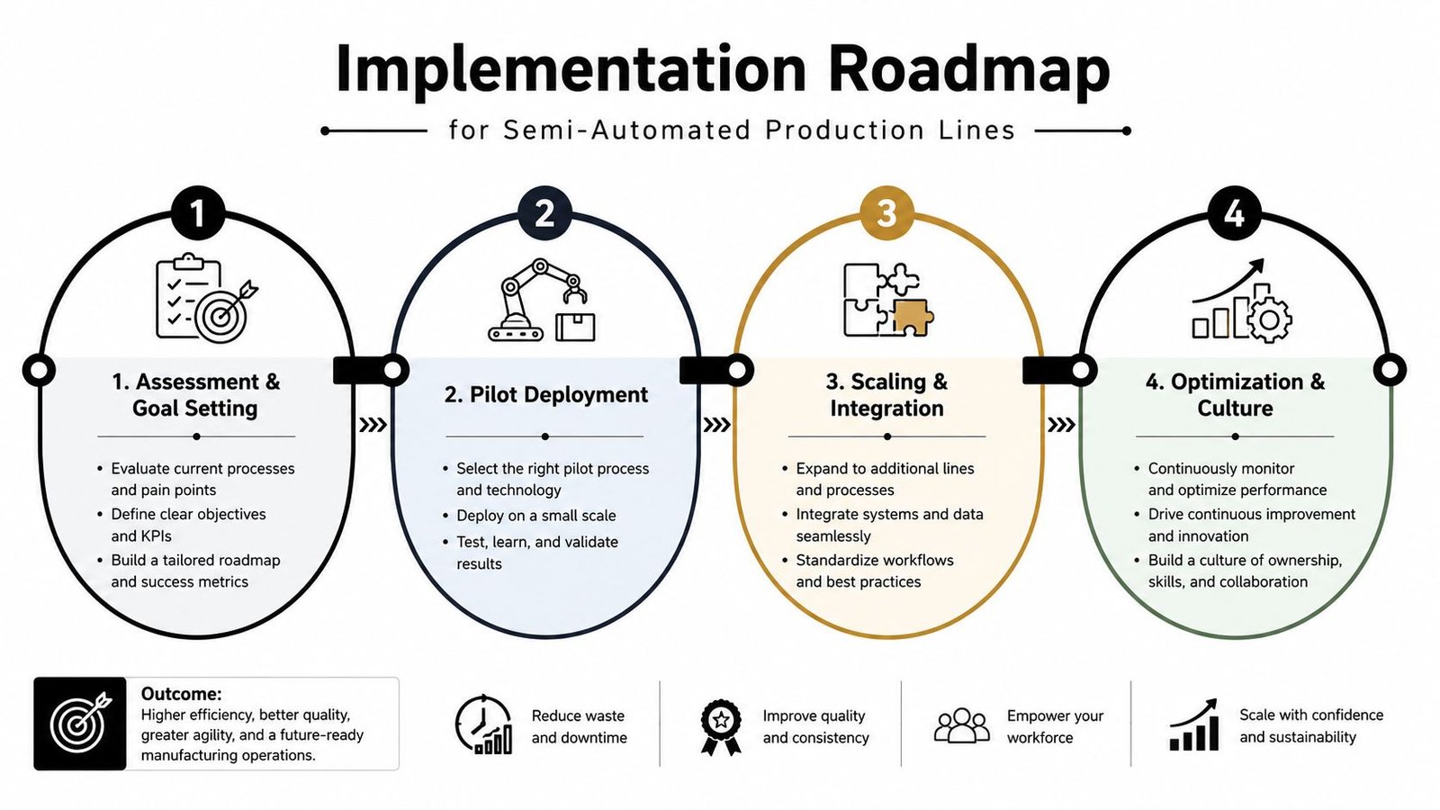 A four-step implementation roadmap for transitioning to semi-automated production lines to improve manufacturing efficiency and performance.
