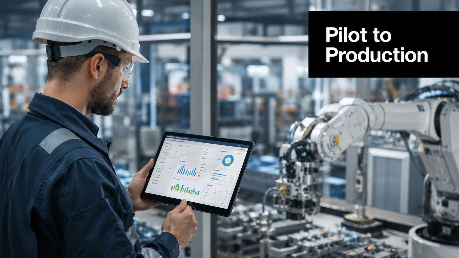 A technician wearing a hard hat examines manufacturing production data on a tablet in a factory.