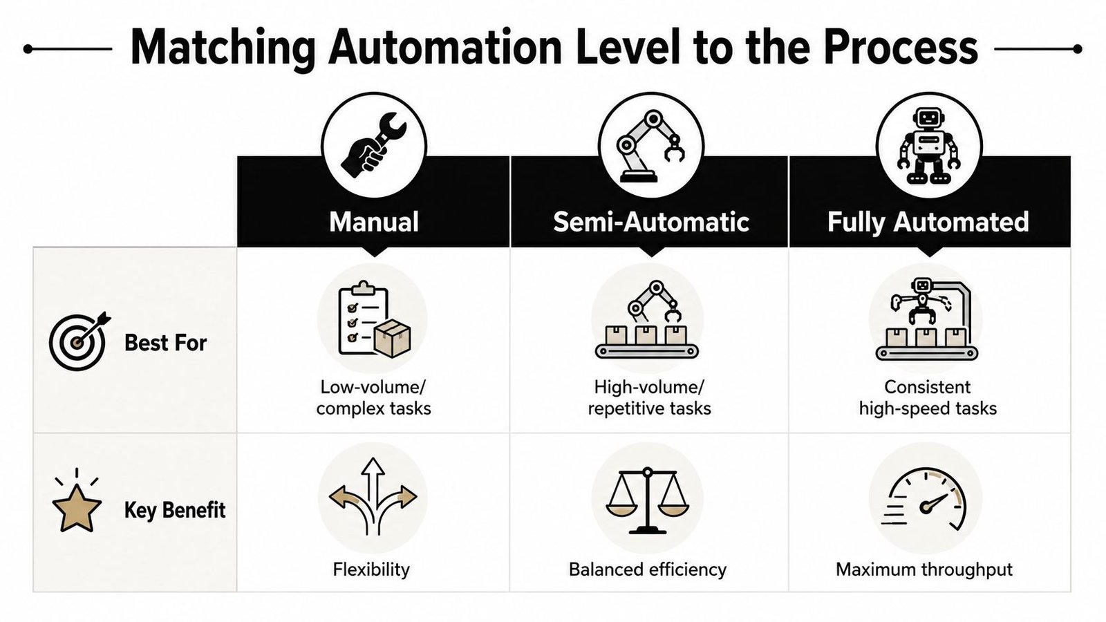 A chart comparing manual, semi-automatic, and fully automated manufacturing processes based on their best use cases and benefits.