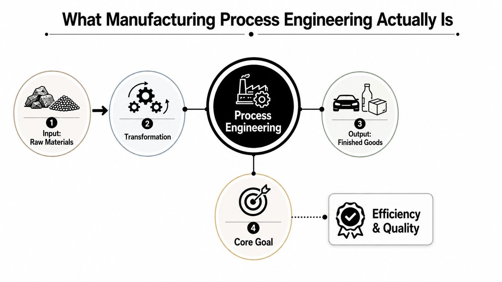 A diagram illustrating manufacturing process engineering showing input of raw materials, transformation, output of goods, and core goals.