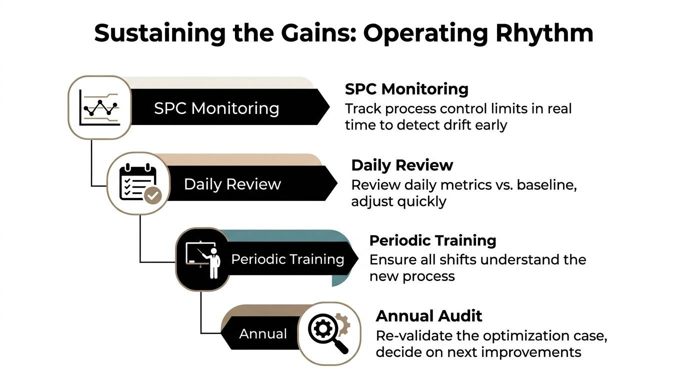 A diagram illustrating an operating rhythm framework for sustaining gains in a manufacturing process optimization strategy.