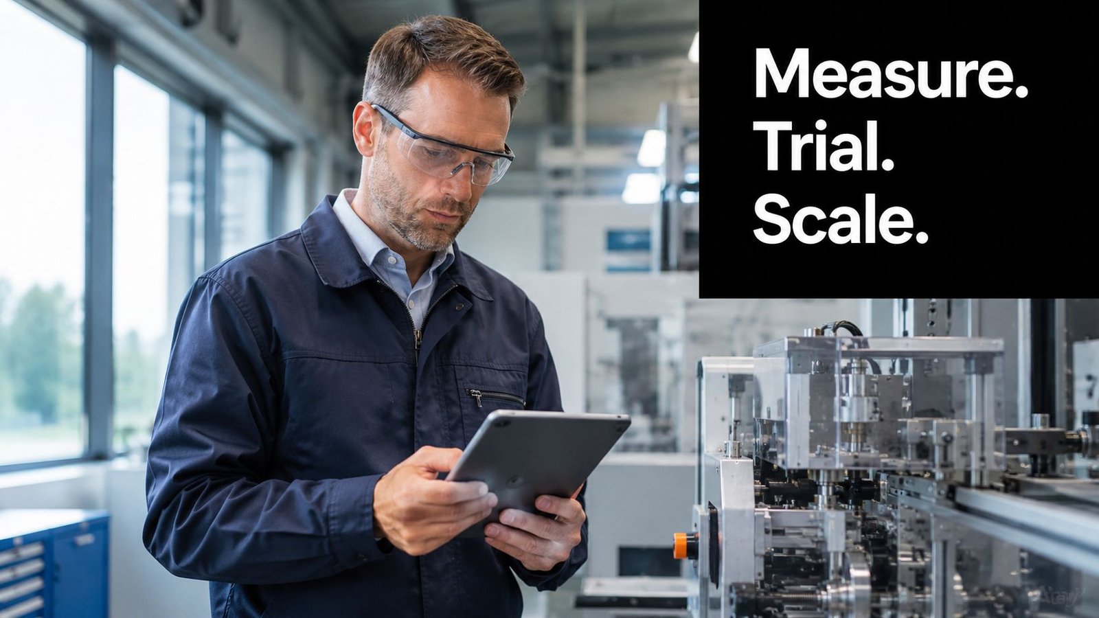 A technician wearing safety glasses uses a tablet to monitor and optimize a complex automated manufacturing process.