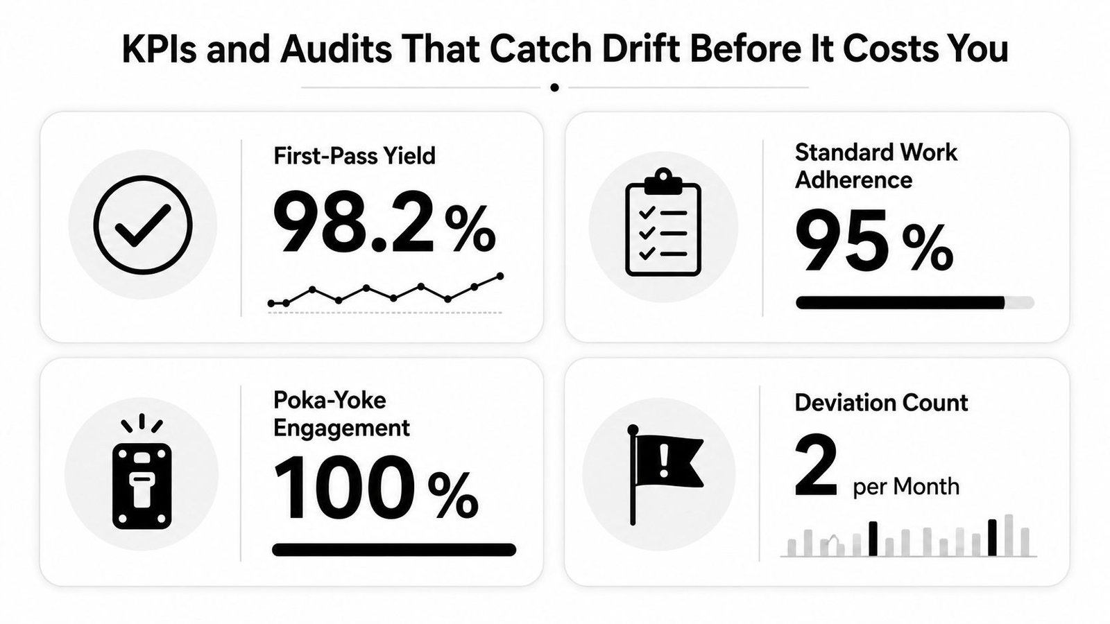 A dashboard display showing four key performance indicators including yield, work adherence, engagement, and deviation metrics.