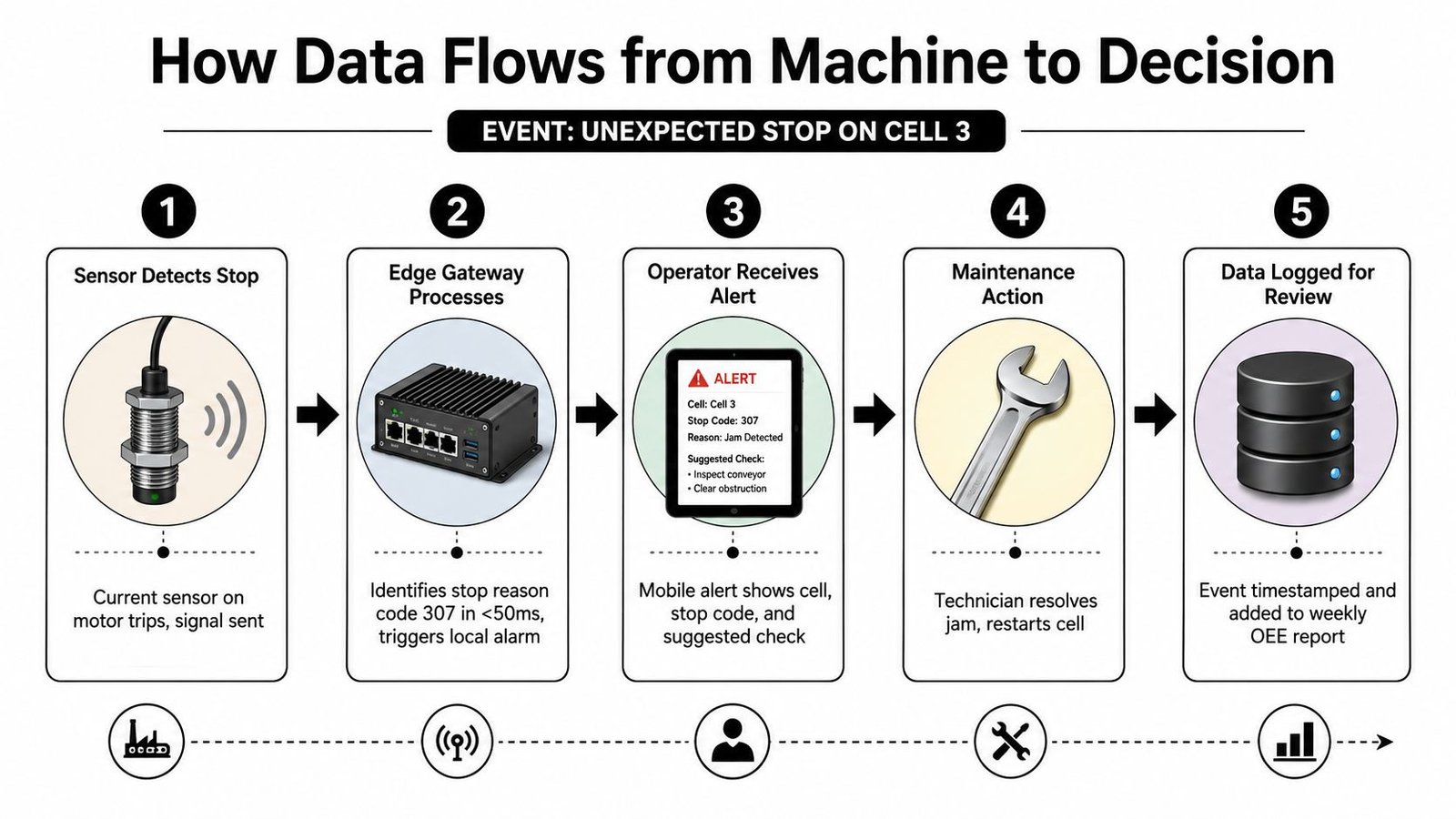 A flowchart showing how data flows from an industrial machine sensor to maintenance decision-making.