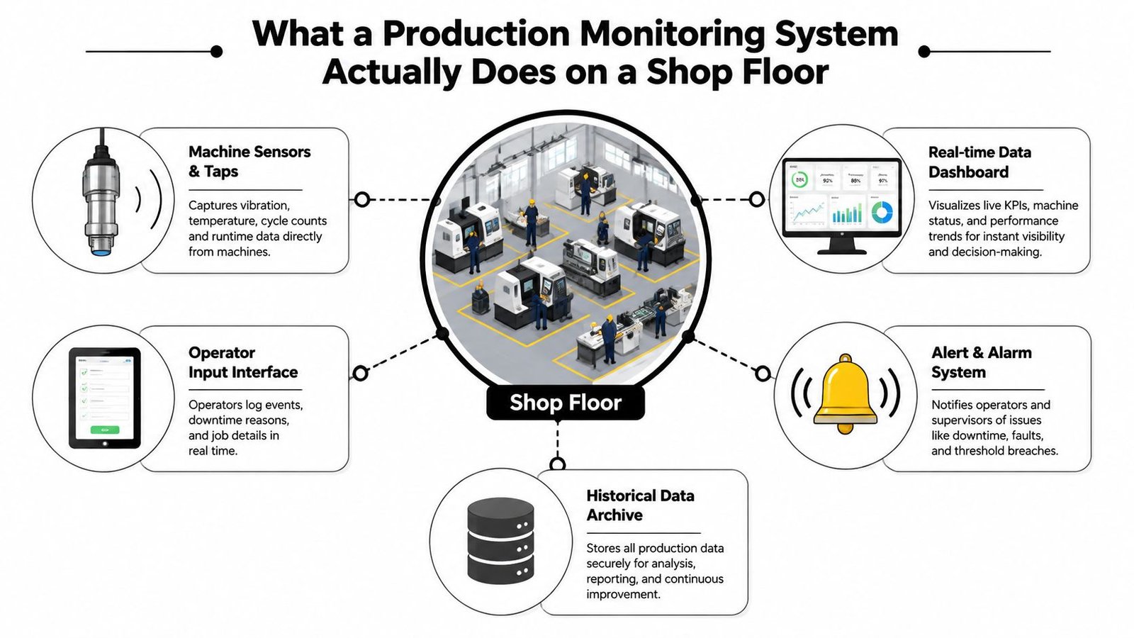 A diagram illustrating how production monitoring systems collect data from shop floor machines for analysis and reporting.