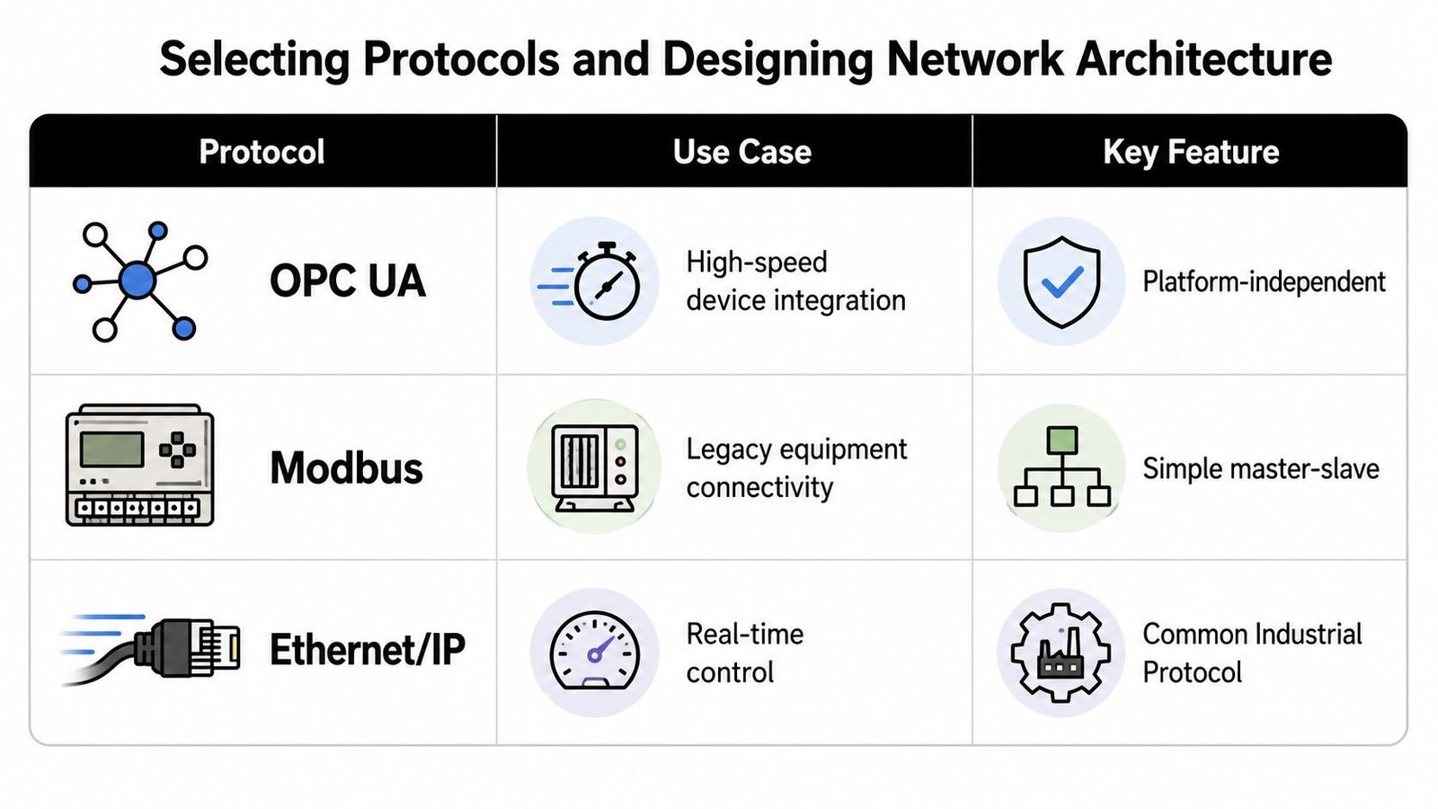 A table comparing industrial communication protocols including OPC UA, Modbus, and Ethernet/IP with their use cases and features.