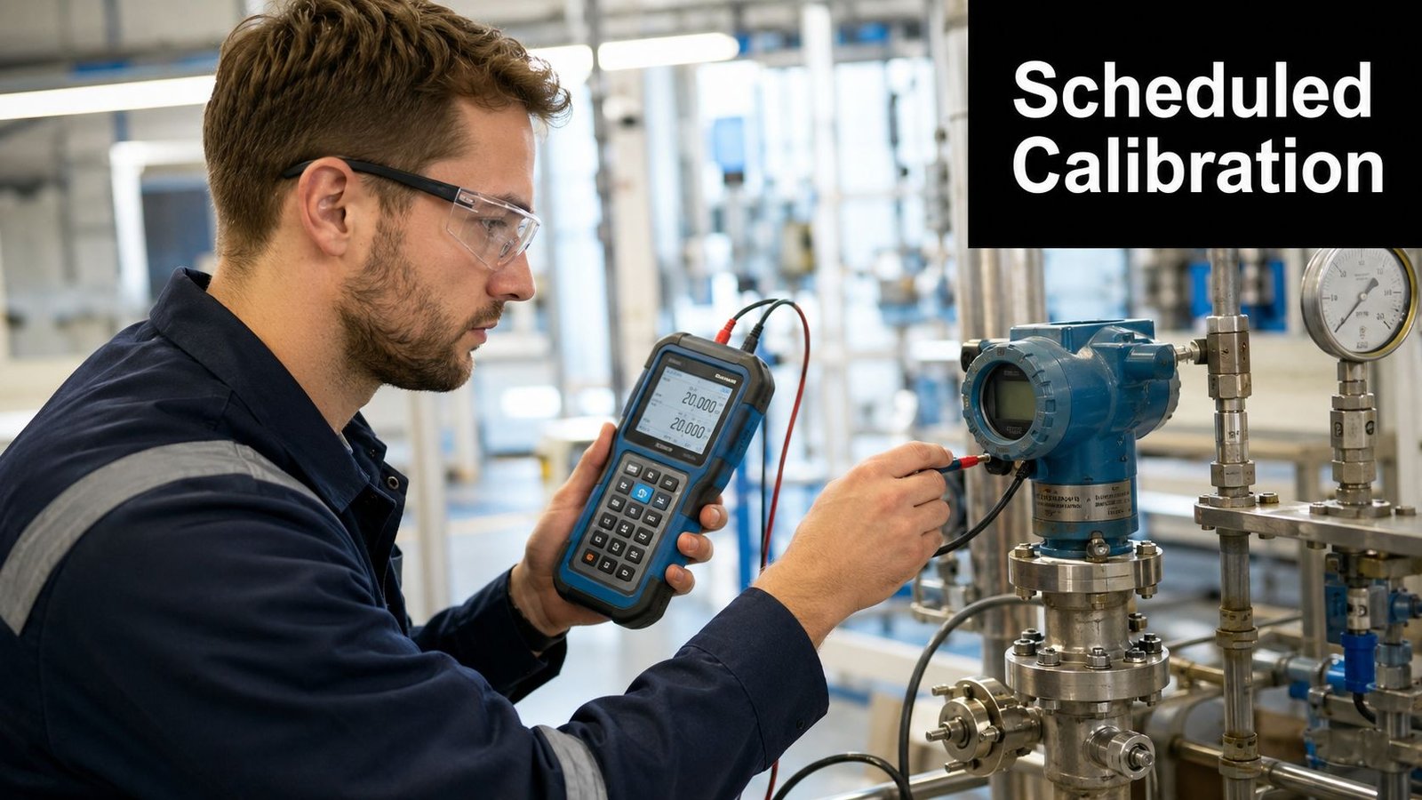 A technician performing a scheduled calibration on industrial equipment using a handheld digital process meter.