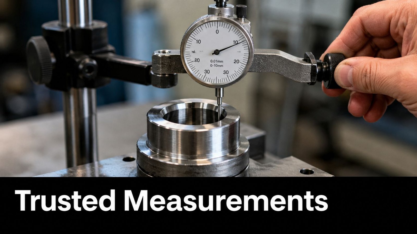 A technician uses a dial indicator to measure the precision of a metal component in a factory.